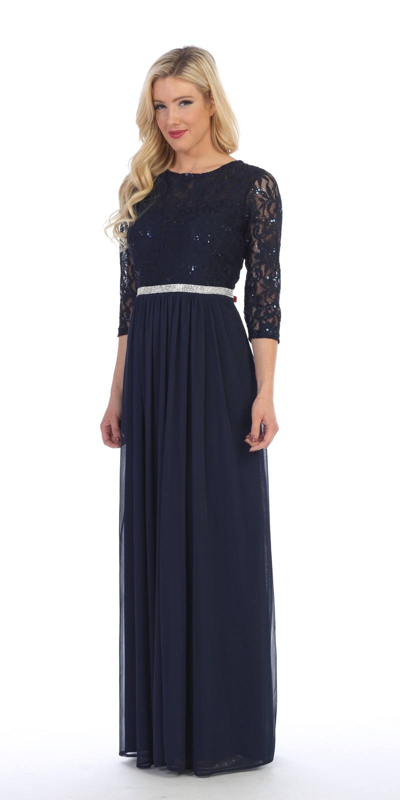 CLEARANCE - Celavie 6305L Three-Quarter Length Lace Sleeve Dress A-line (Size M)