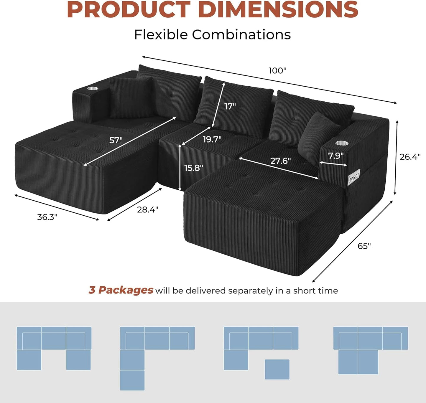 100 Inch U Shaped Oversized Modular Sofa Luxurious Corduroy