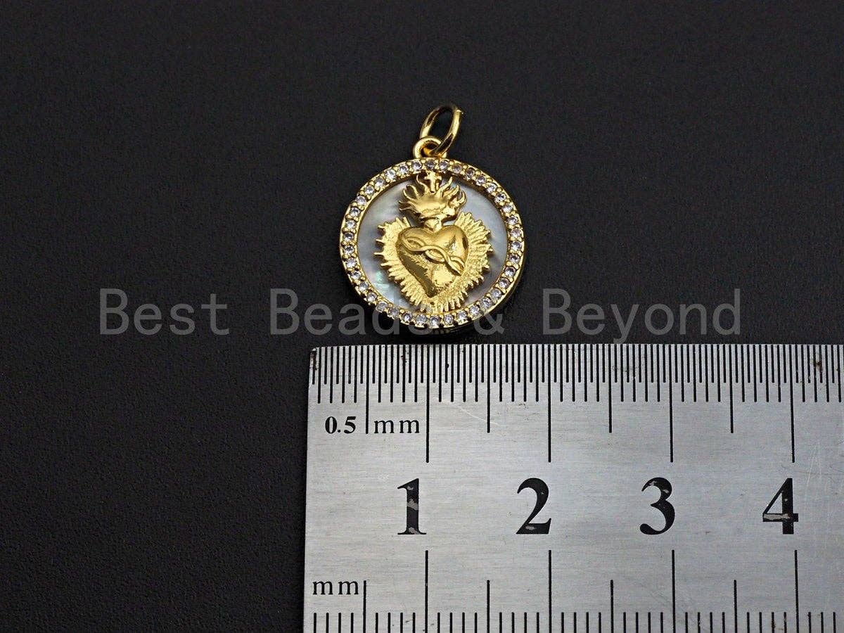 Clear CZ Micro Pave Heart on Mother-of-pearl Pendant Charm, Cubic Zirconia Charm, 16x18mm,sku#Z845