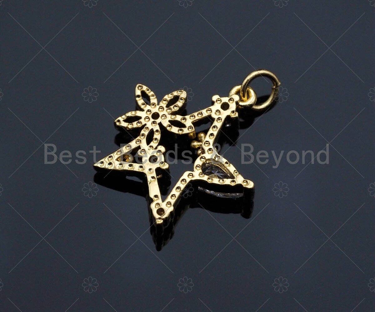 CZ Micro Pave Flower On Star Charm/Pendant, Star Shape Charm, Gold Star Pendant, Gold plated charm, mm, Sku#JL08