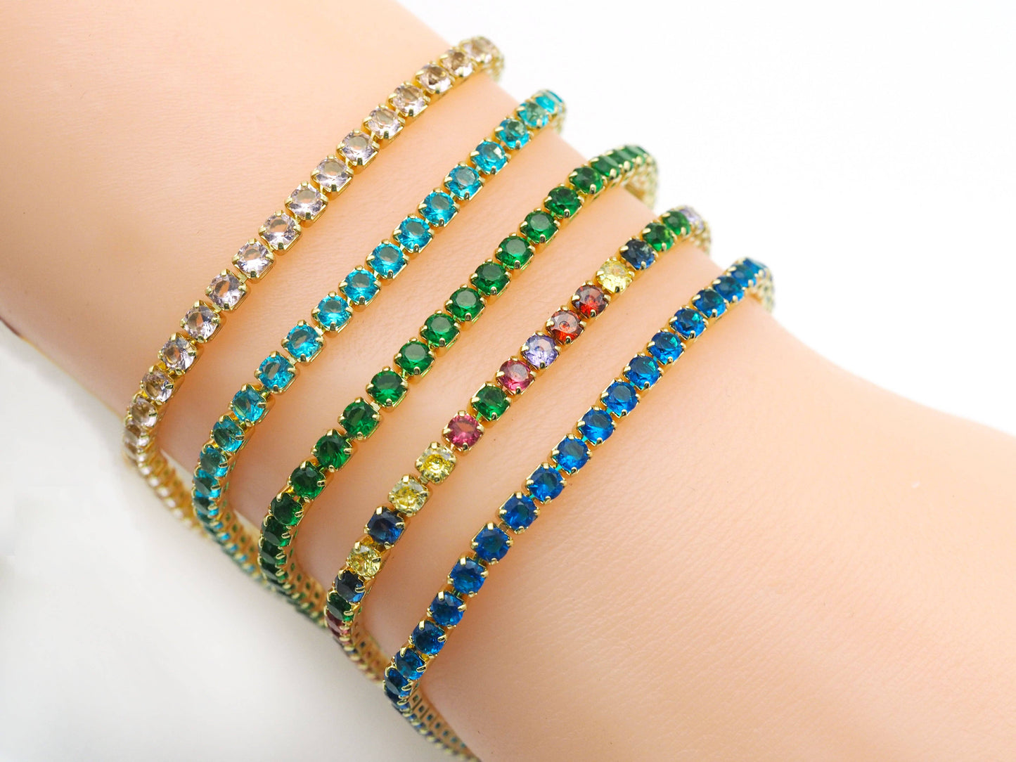 Colorful CZ Gold Tennis Chain Bracelet, Sku#LD346
