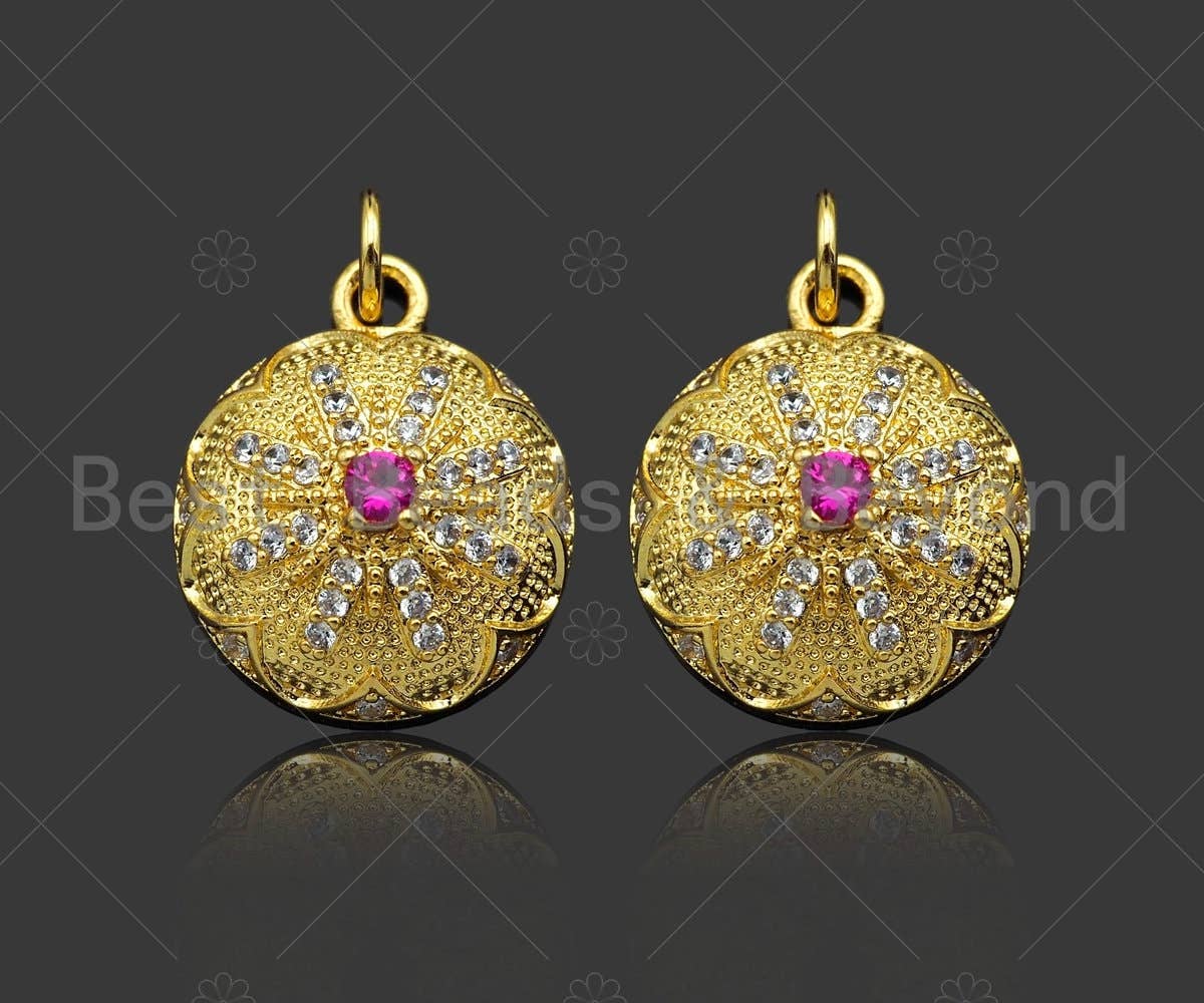 Gold Filled CZ Micro Pave Flower Pattern On Round Shape Pendant, 18K Gold Filled Fuchsia CZ Charm, Necklace Bracelet Pendant,mm,Sku#LK346
