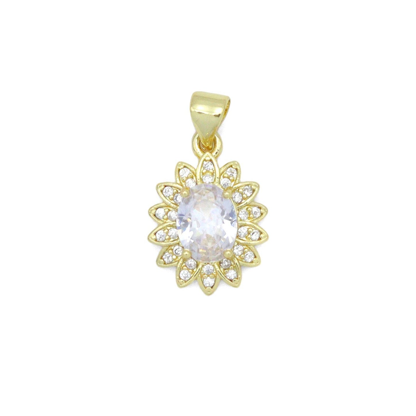Clear Oval CZ Gold Flower Charm Pendant, Sku#LK1073