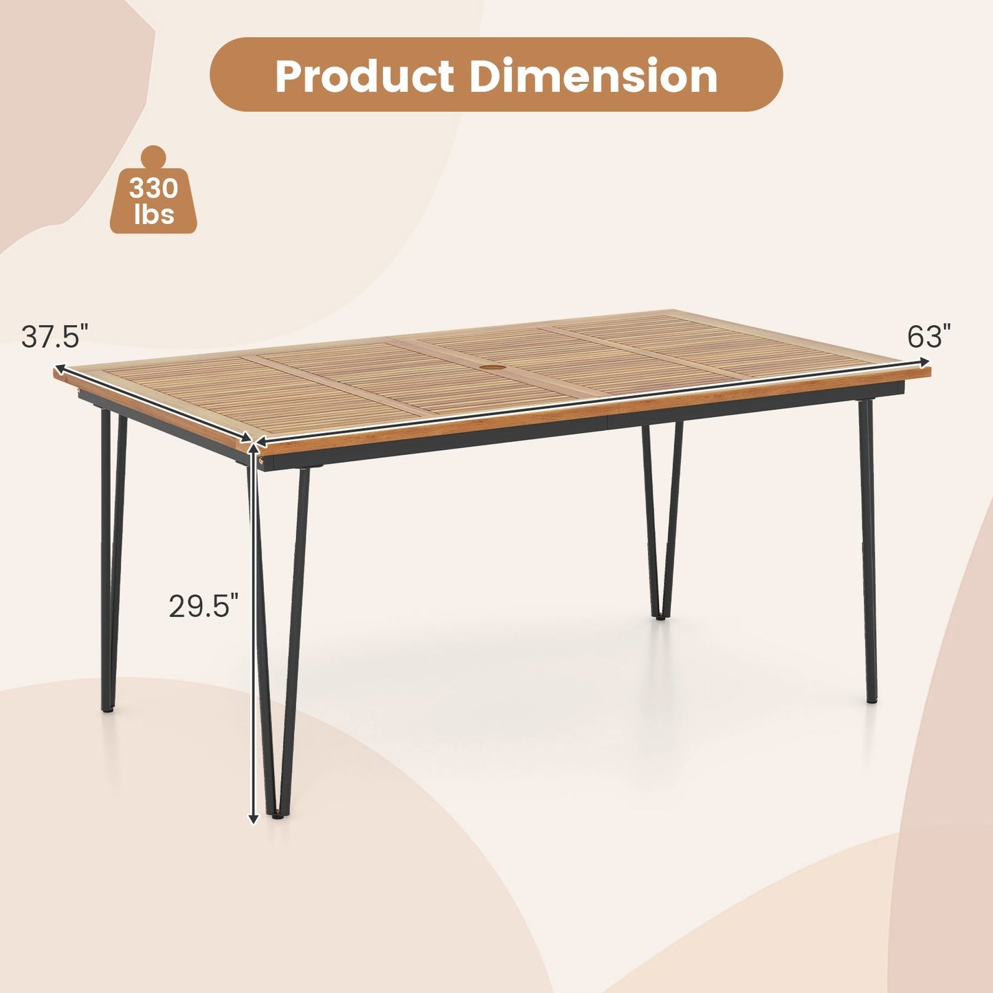63 Inch Rectangular Outdoor Dining Table for 6 People with Acacia Wood Tabletop and Umbrella Hole