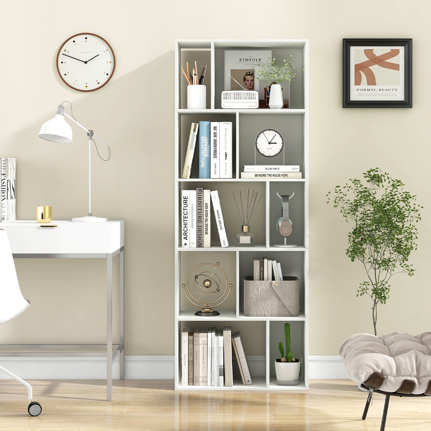 63 Inch 5-Tier Geometric 10-Cube Bookshelf Tall Bookcase-White