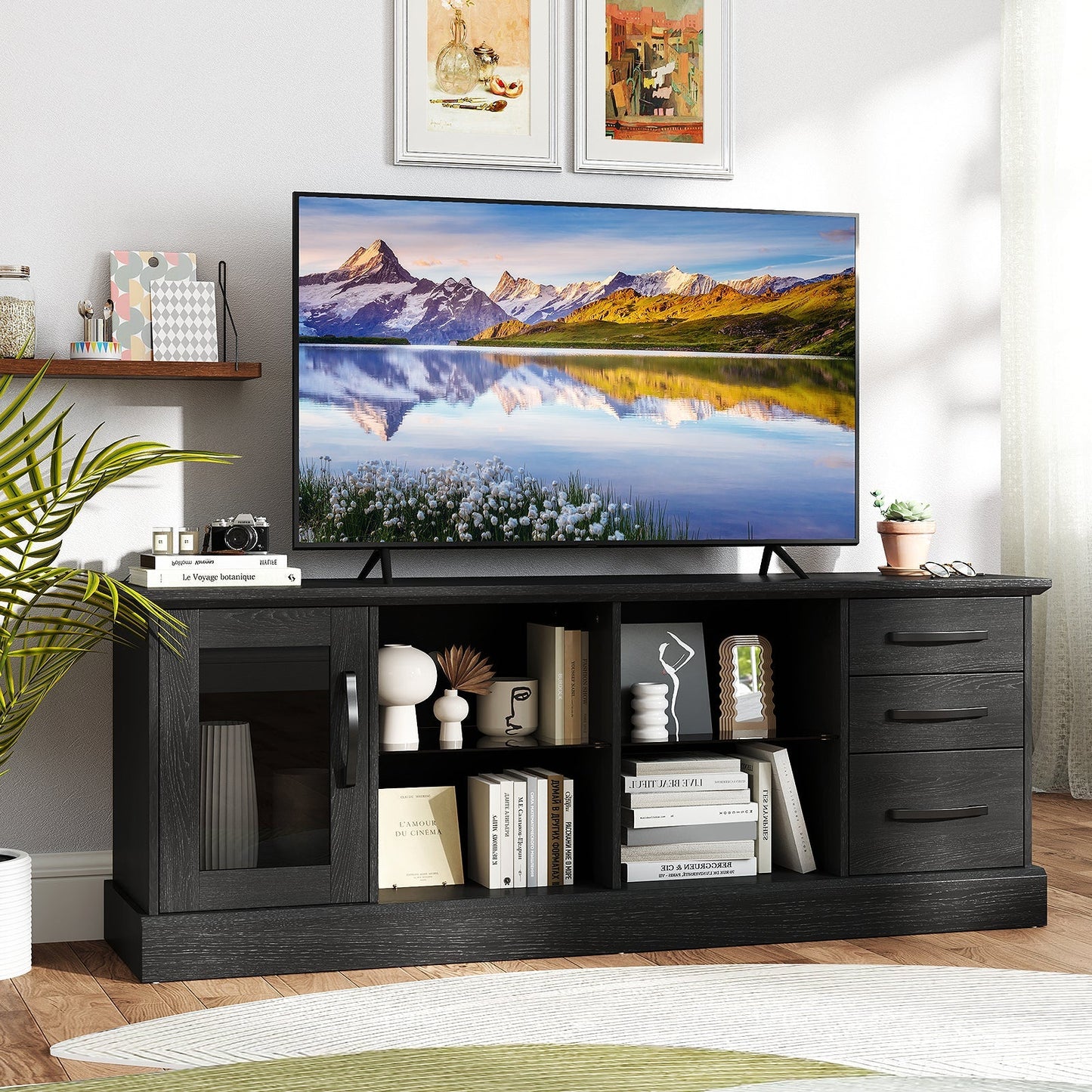 63 Inches Media Console Table with 3 Drawers and 2 Glass Shelves