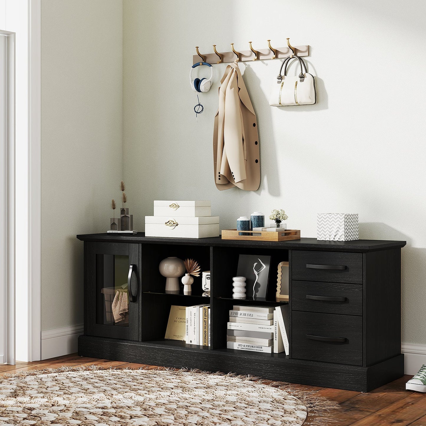 63 Inches Media Console Table with 3 Drawers and 2 Glass Shelves