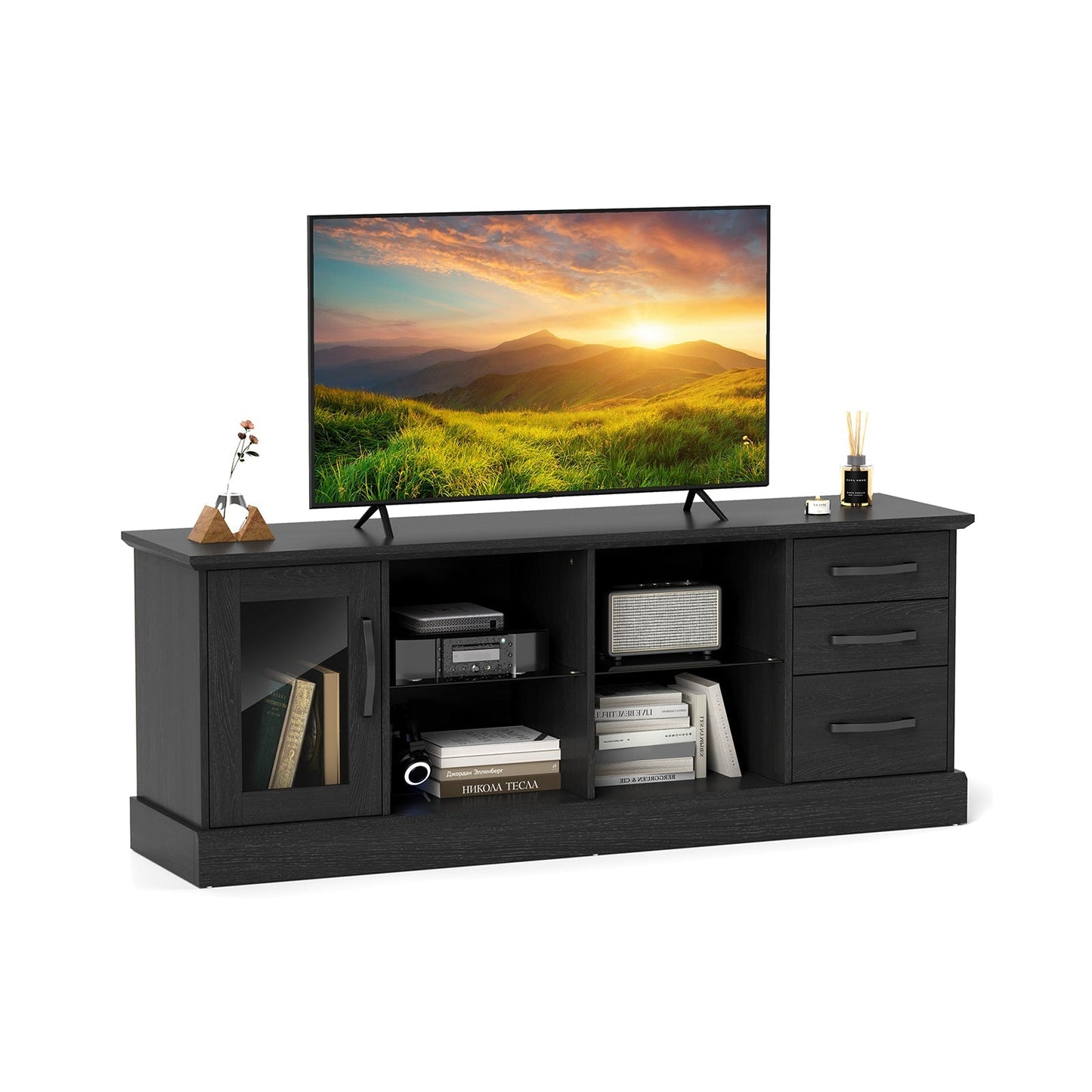 63 Inches Media Console Table with 3 Drawers and 2 Glass Shelves