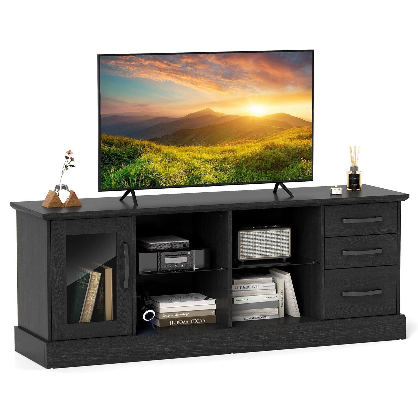 63 Inches Media Console Table with 3 Drawers and 2 Glass Shelves