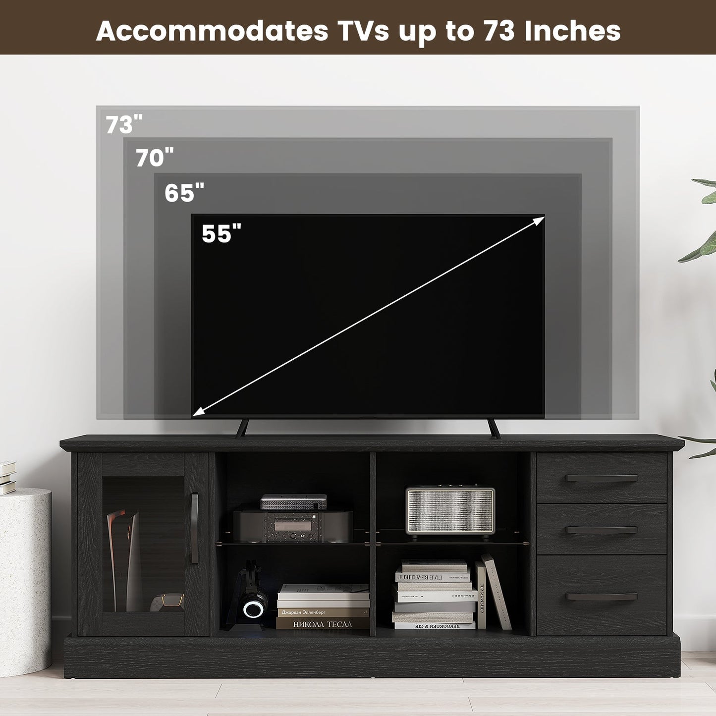 63 Inches Media Console Table with 3 Drawers and 2 Glass Shelves
