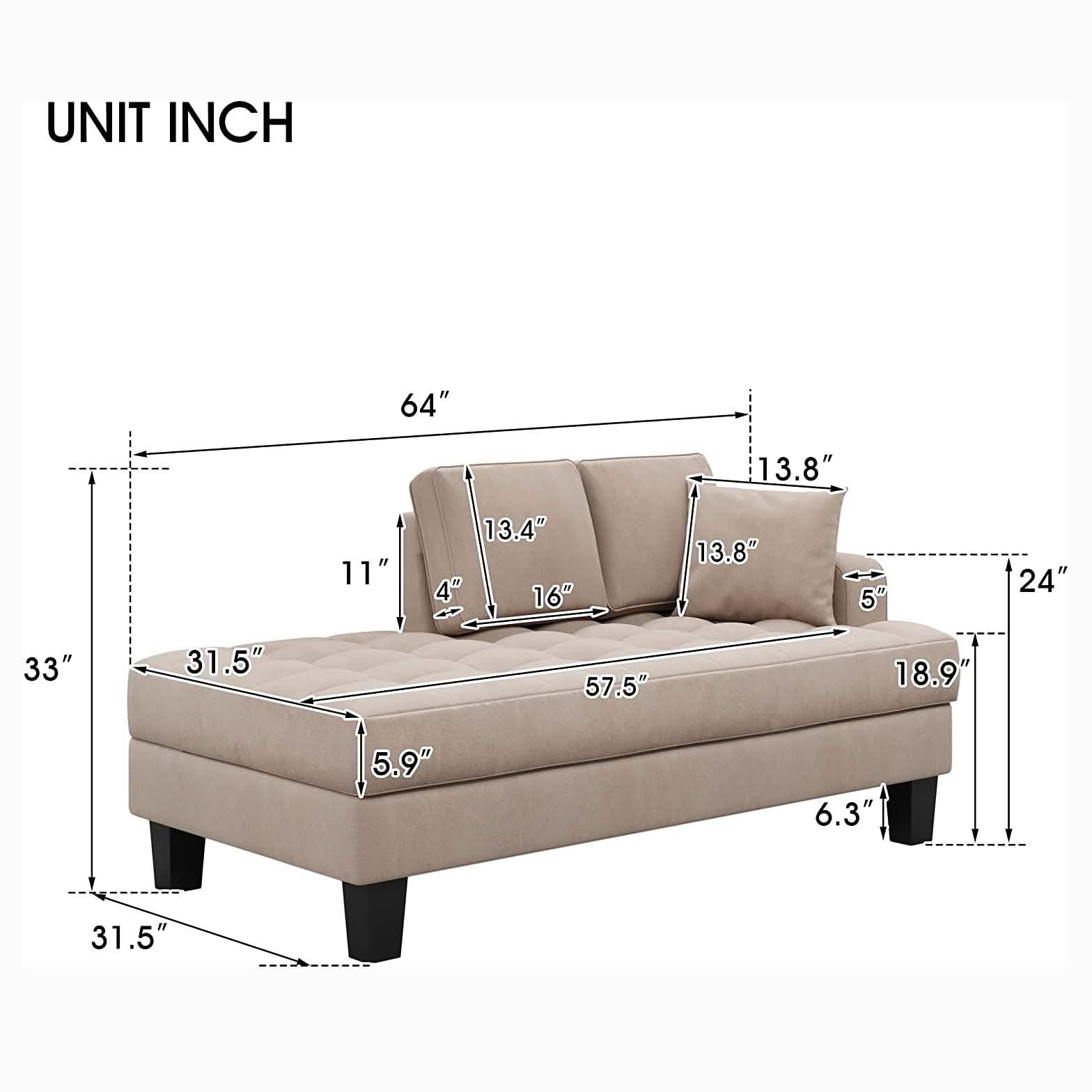 64" Deep Tufted Upholstered Textured Fabric Chaise Lounge Toss Pillow Included
