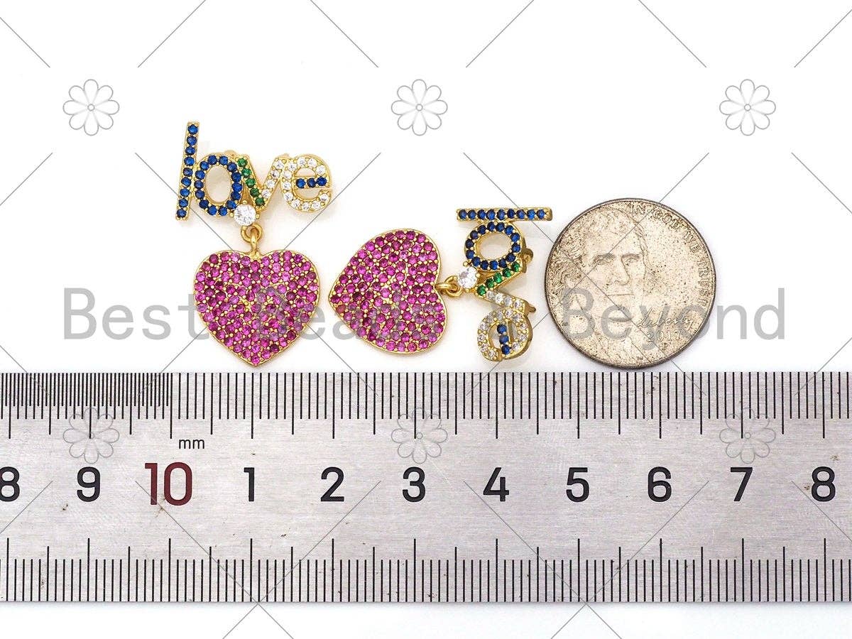Colorful CZ Micro Pave Love Word With Fuchsia CZ Heart Shape Pendant,18K Gold Filled Love Charm,Necklace Bracelet Pendant,19x28mm,Sku#LK398