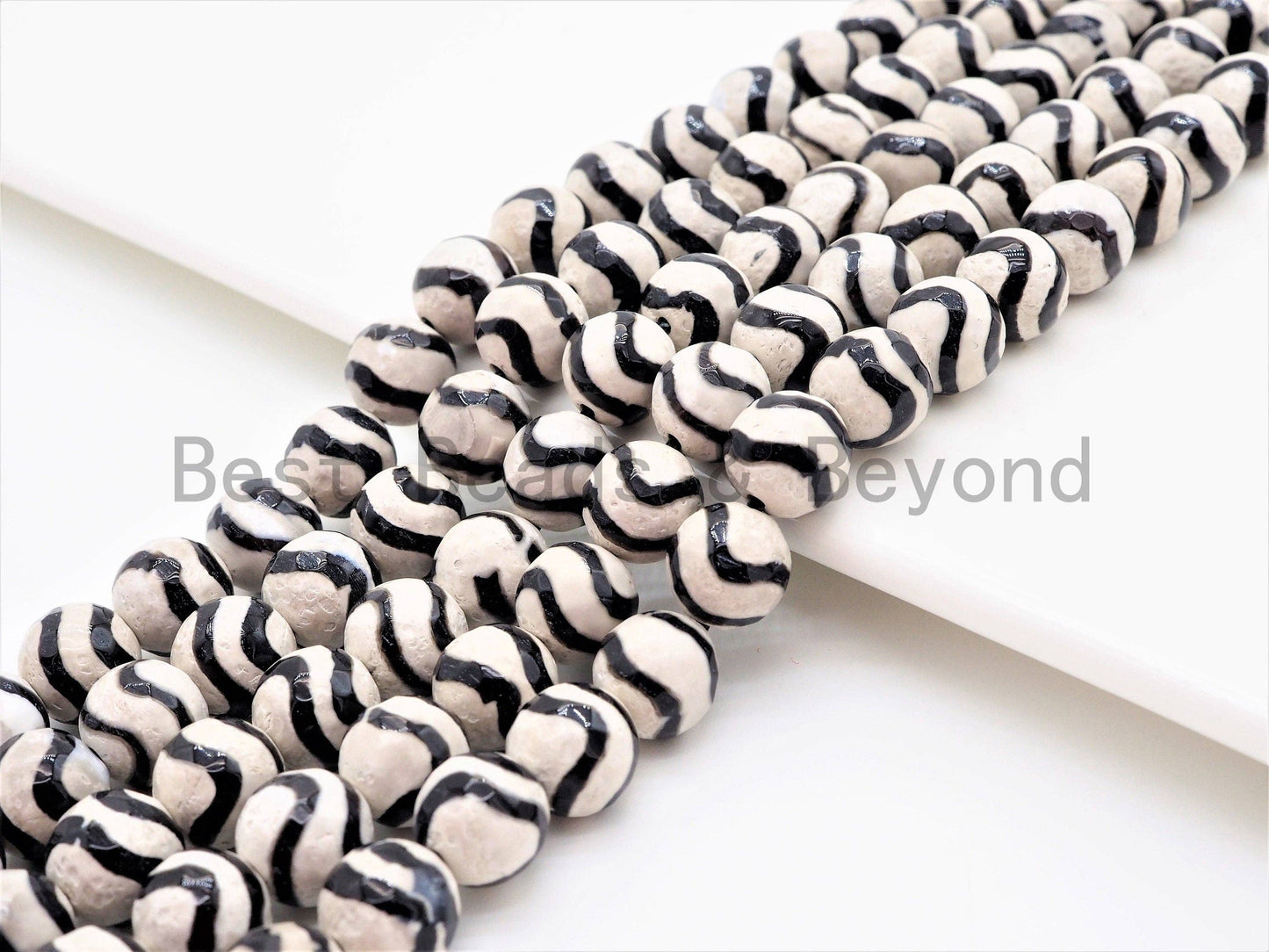Dzi Black Band Faceted Round Beads,  Zebra Striped Tibetan A