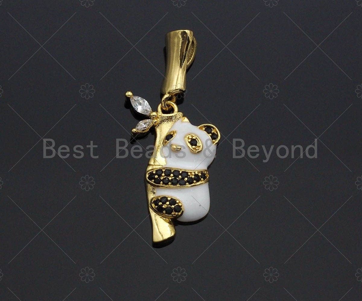 CZ Micro Pave Pandas on Bamboo Pendant/Charm,Panda Charm, Panda pendant, Cubic Zirconia Pendant, 15x22mm,Sku#LK113
