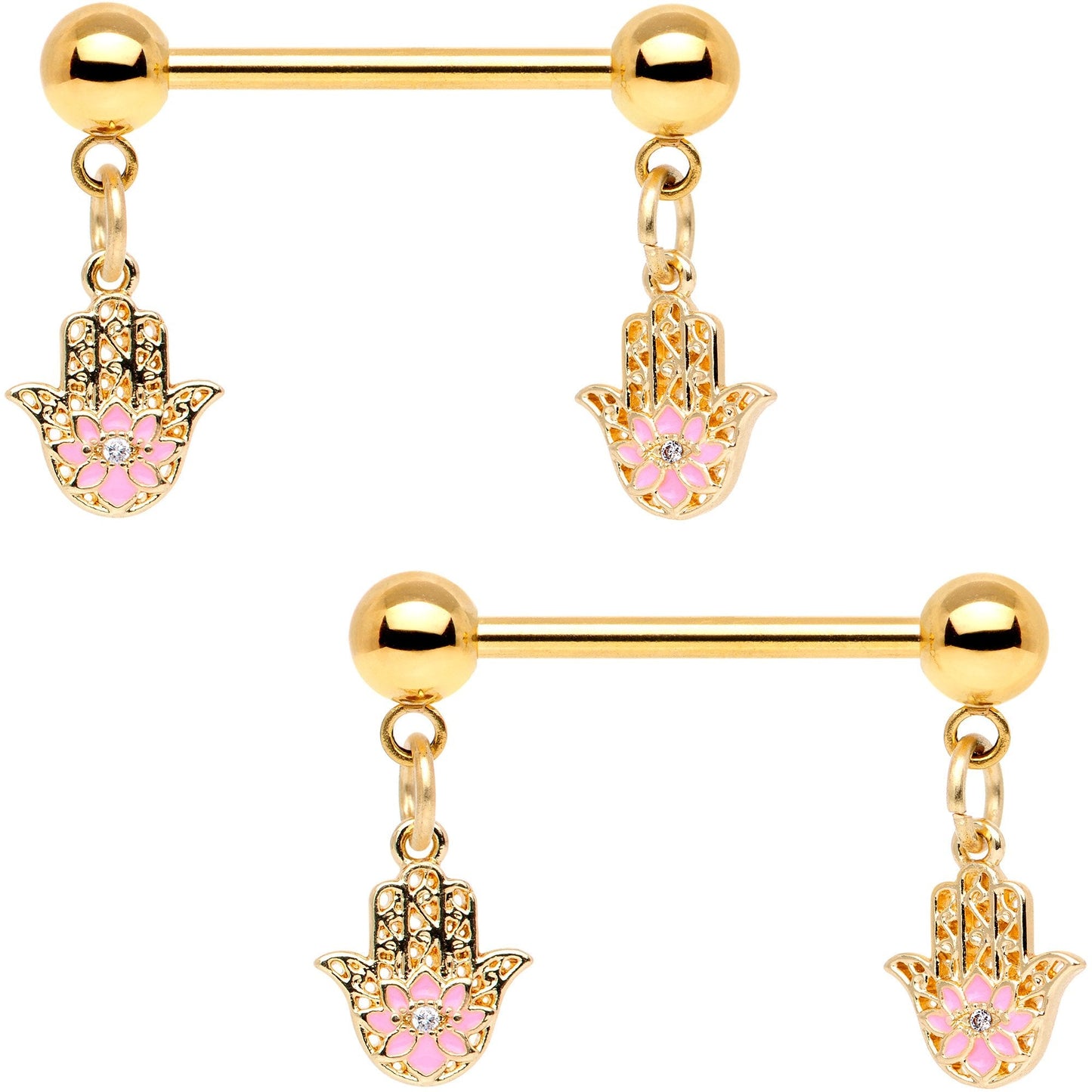 Pink Gem Gold Tone Hamsa Hand Dangle Barbell Nipple Ring Set