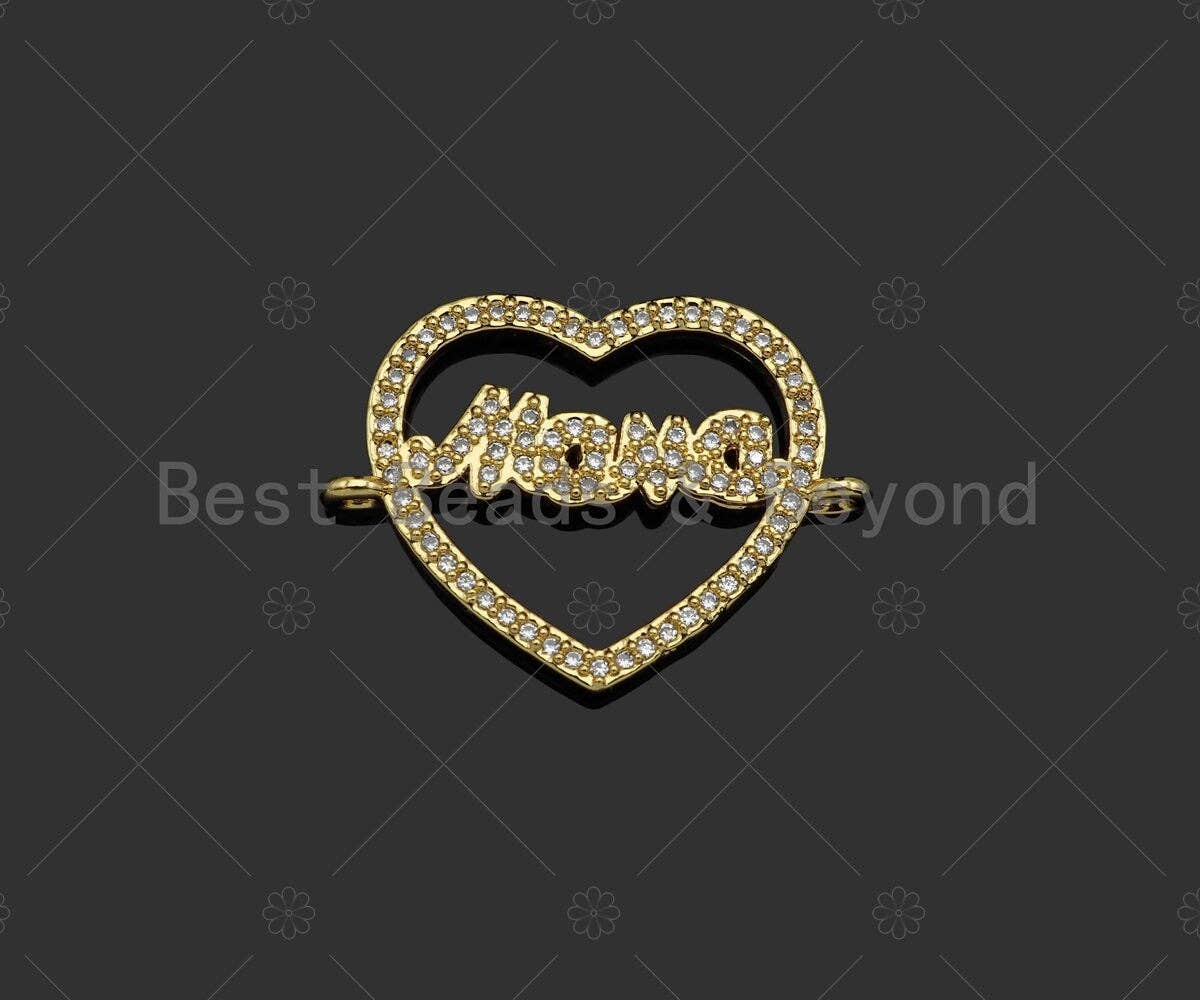 Gold Filled CZ Micro Pave Mama Word On Heart Shape Connector,18K Gold Filled Mama Charm, Mother's Day Gift, 25x18mm,Sku#LD109