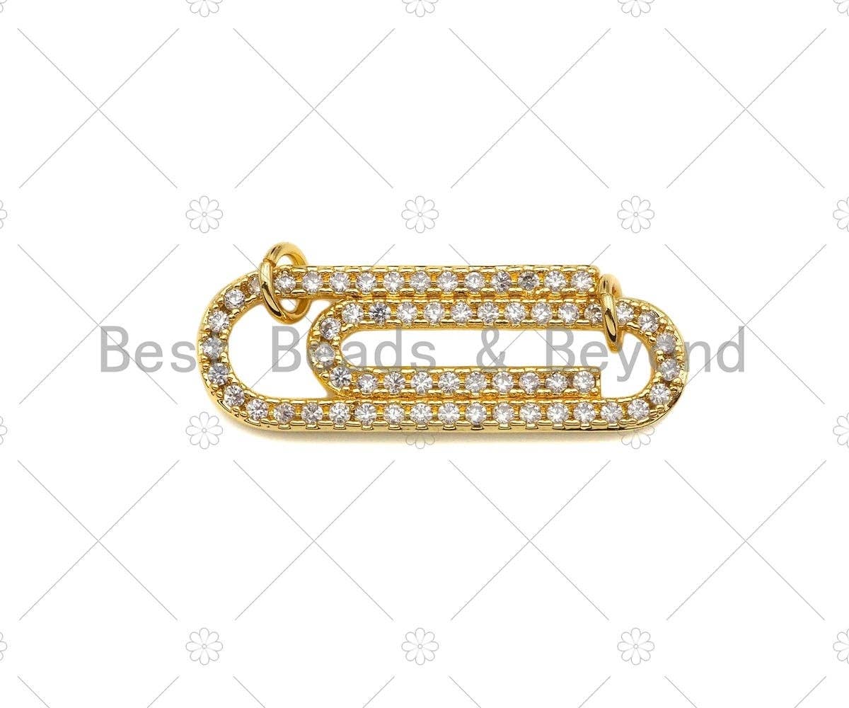 CZ Micro Pave Paper Clip Charm,Cubic Zirconia Silver/Gold Connector, Necklace Bracelet Charm Pendant, 12x35mm, Sku#L553