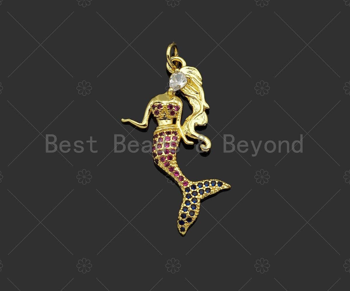 Gold Filled Fuchsia CZ Micro Pave Mermaid Shape Pendant, 18K Gold Filled Mermaid Charm, Necklace Bracelet Charm Pendant,16x33mm,Sku#LK363