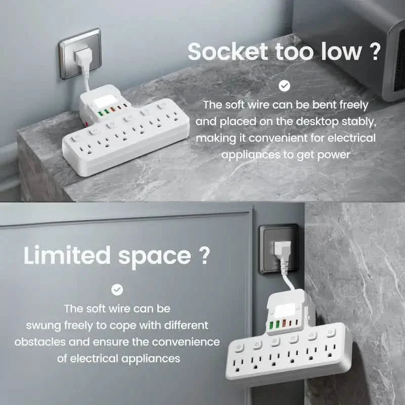 12-in-1調節可能デスクランプ電源タップ – 6つのACコンセント、3つのUSB-A＆2つのType-Cポート、サージ保護付き