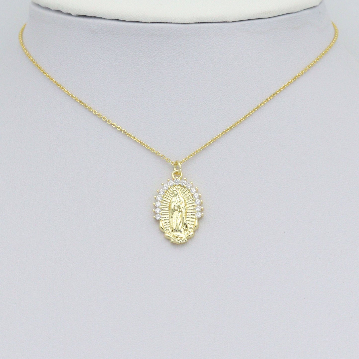 Clear CZ Gold Virgin Mary On Oval Shape Charm Pendant, Sku#LK1112