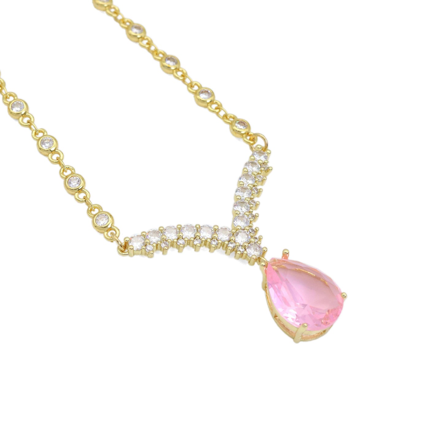 Gold Silver CZ Chain Pink Chevron Point Pendant Necklace, Sku#A184