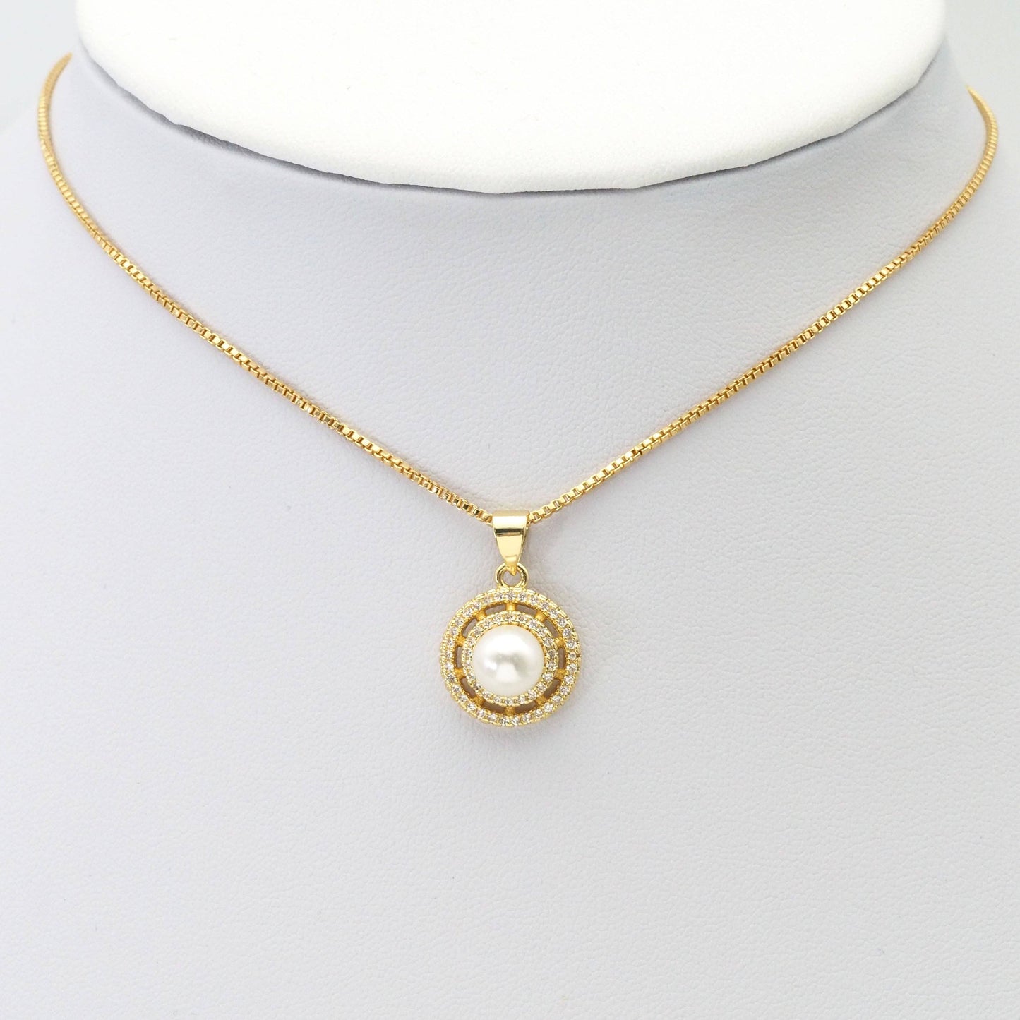 Clear CZ Gold White Pearl Round Charm, Sku#LK818
