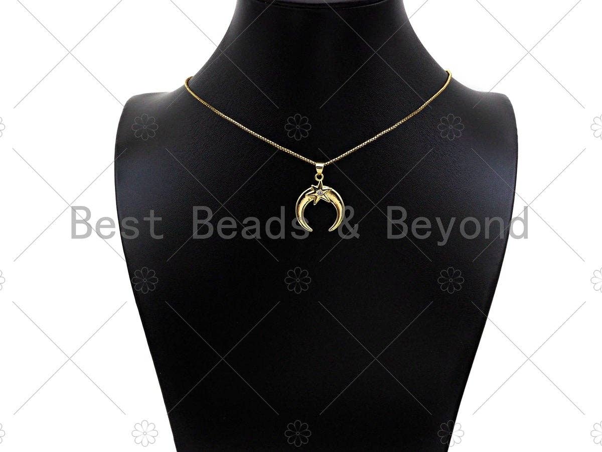 CZ Micro Pave 18k Gold North Star On Horn Shape Pendant, Cubic Zirconia Pendant, Horn Charm, CZ Micro Pave Pendant,21x25mm,Sku#LK213