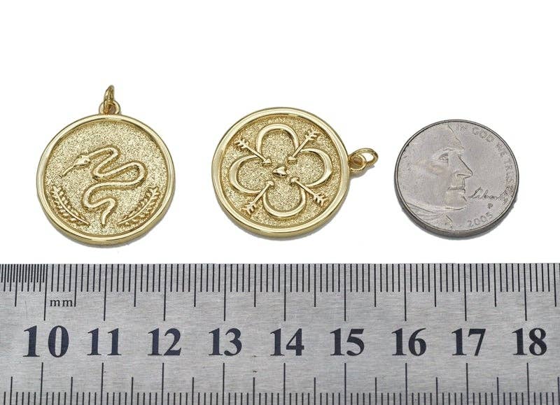 Silver Gold CZ Flower Snake Moon On Round Coin Charm, Sku#LK712