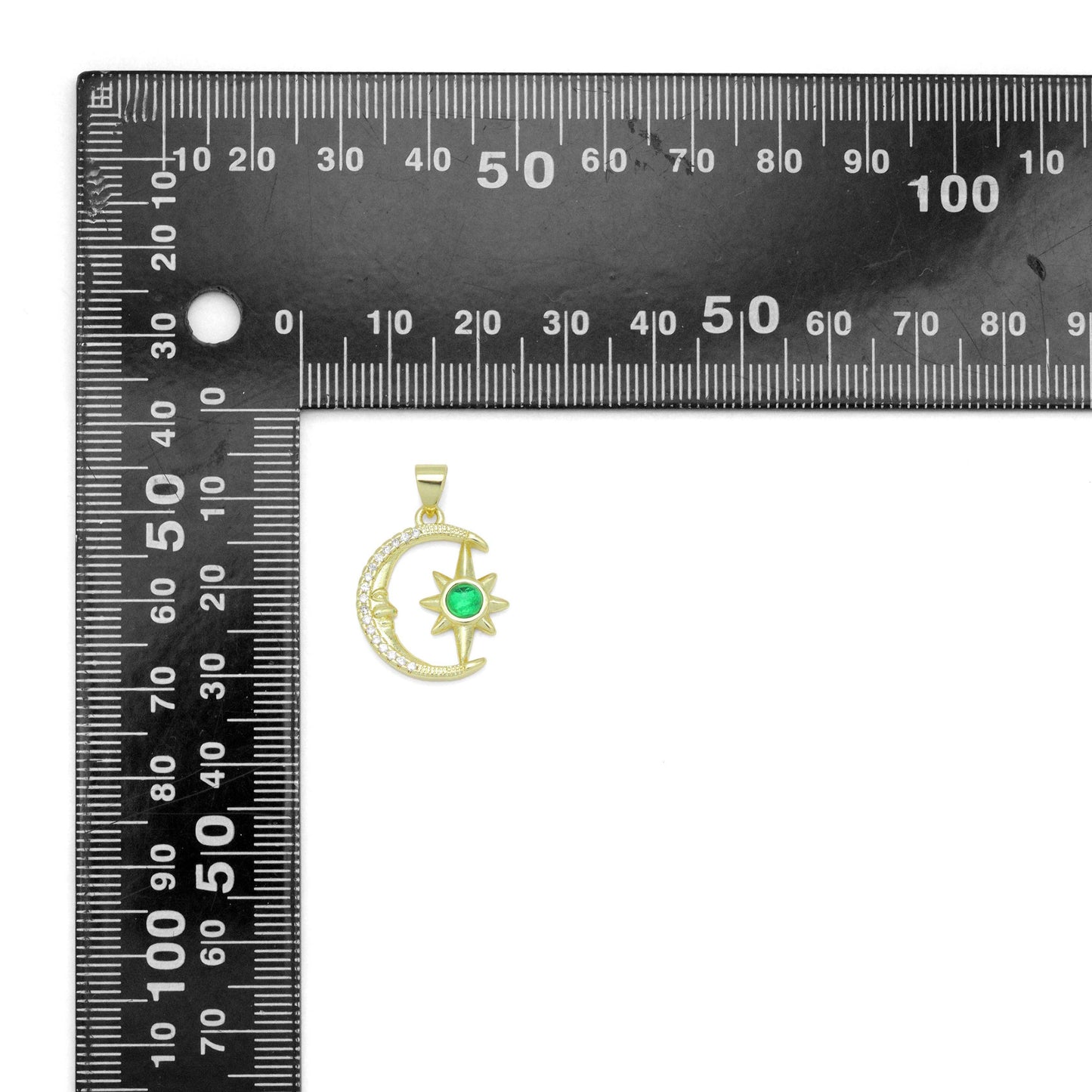 Green CZ Gold Cresent Moon North Star Charm Pendant, Sku#LK1085