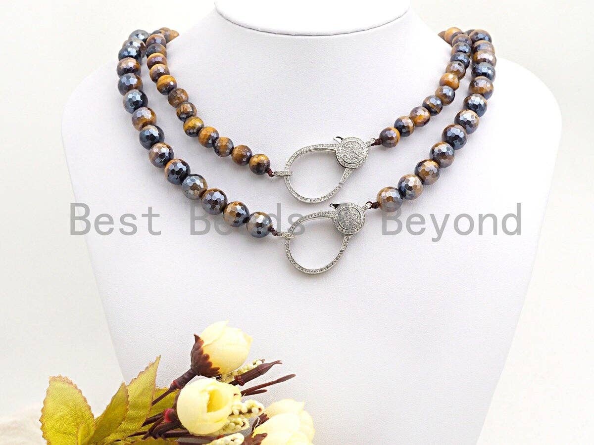 Plated Brown Tiger Eye Attachment Necklace with Large CZ Pave Silver clasp, 18 long, 8mm/10mm beads size, sku#D46