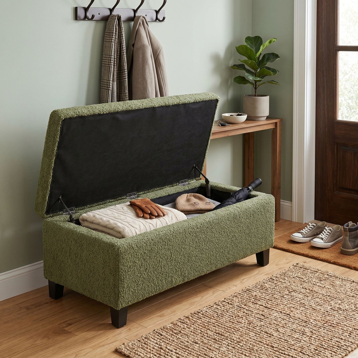 Storage Ottoman with Flip-Top Lid, Easy Assembly, Boucle Fabric & Rubber Wood Legs, Retro