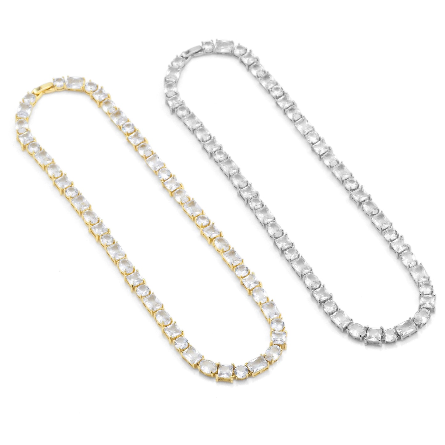 Gold Silver CZ Square Oval Link Statement Necklace, Sku#A121