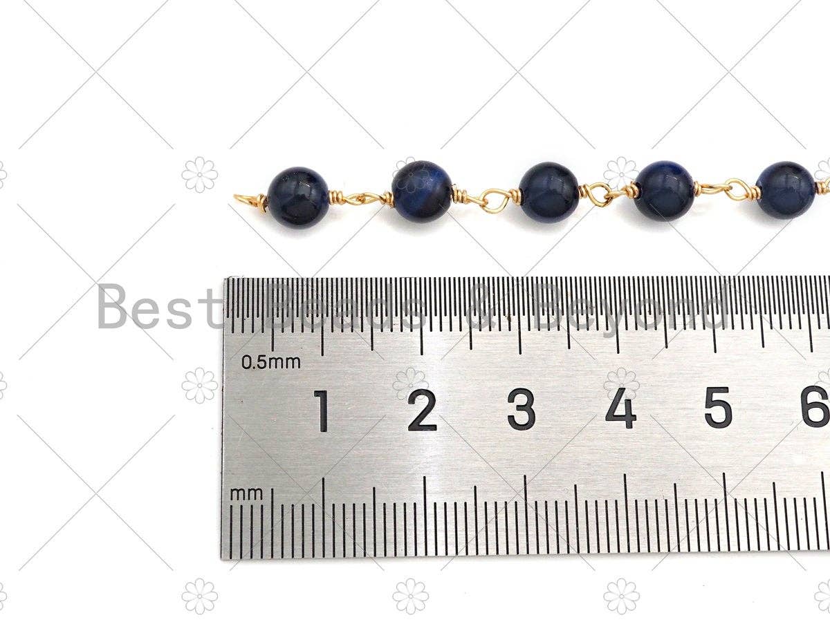 Green/Navy Blue/Teal Blue High Quality Tiger Eye Rosary Chain, 6mm Beaded Chain, Wire Wrapped Gold Chain,Sku#V78