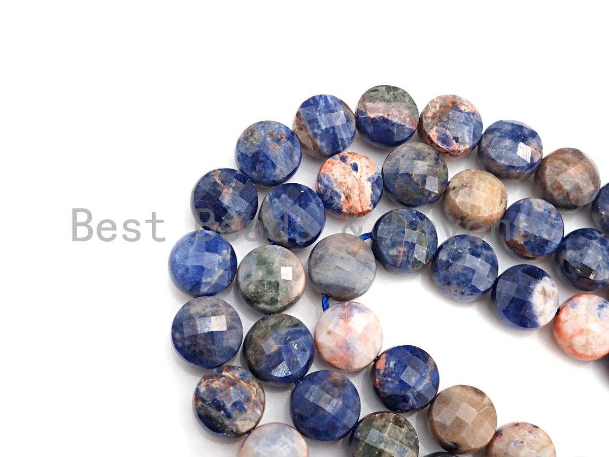 High Quality Double Sided Turtle Shell Cut Natural Sodalite Coin beads, 8mm/10mm Checkerboard Cut Sodalite Beads, 16" Full strand, Sku#U752
