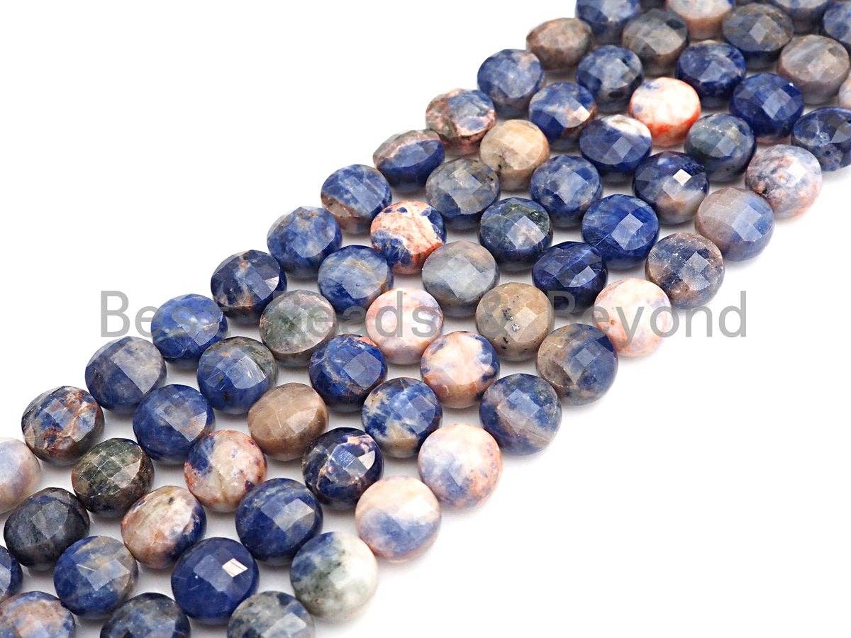 High Quality Double Sided Turtle Shell Cut Natural Sodalite Coin beads, 8mm/10mm Checkerboard Cut Sodalite Beads, 16" Full strand, Sku#U752
