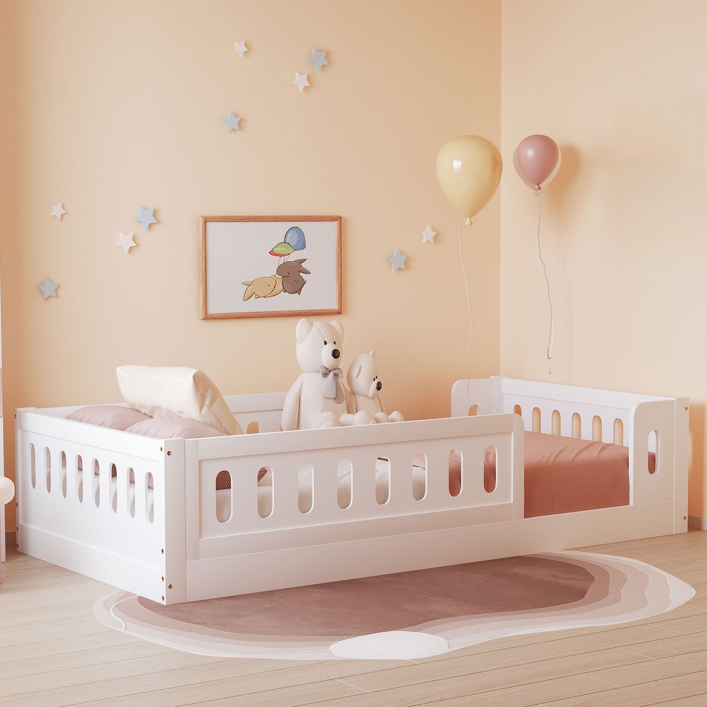 Wood Twin Size Platform Bed with Guardrail