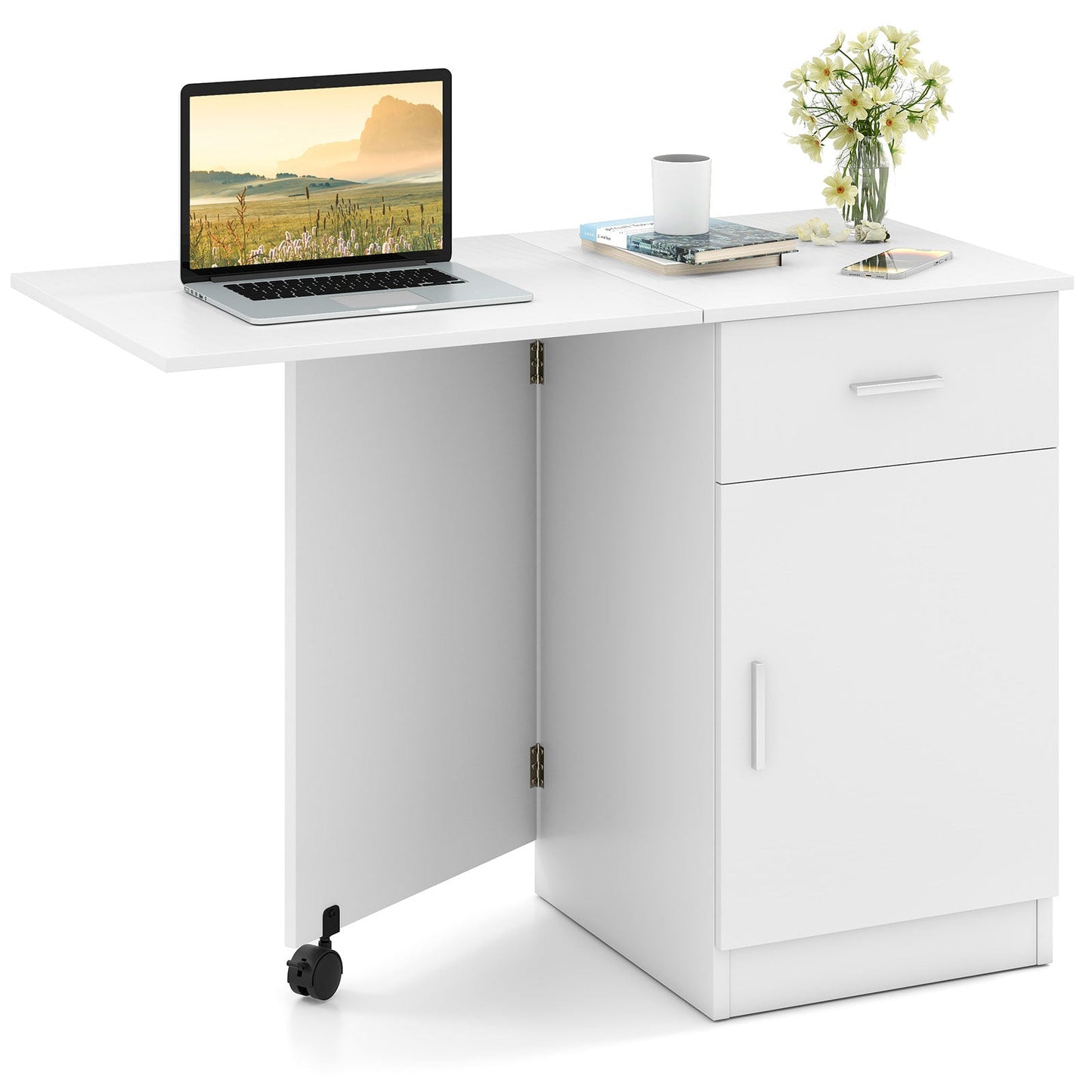 Folding Computer Desk with Drawer Mobile Home Office Desk with Cabinet