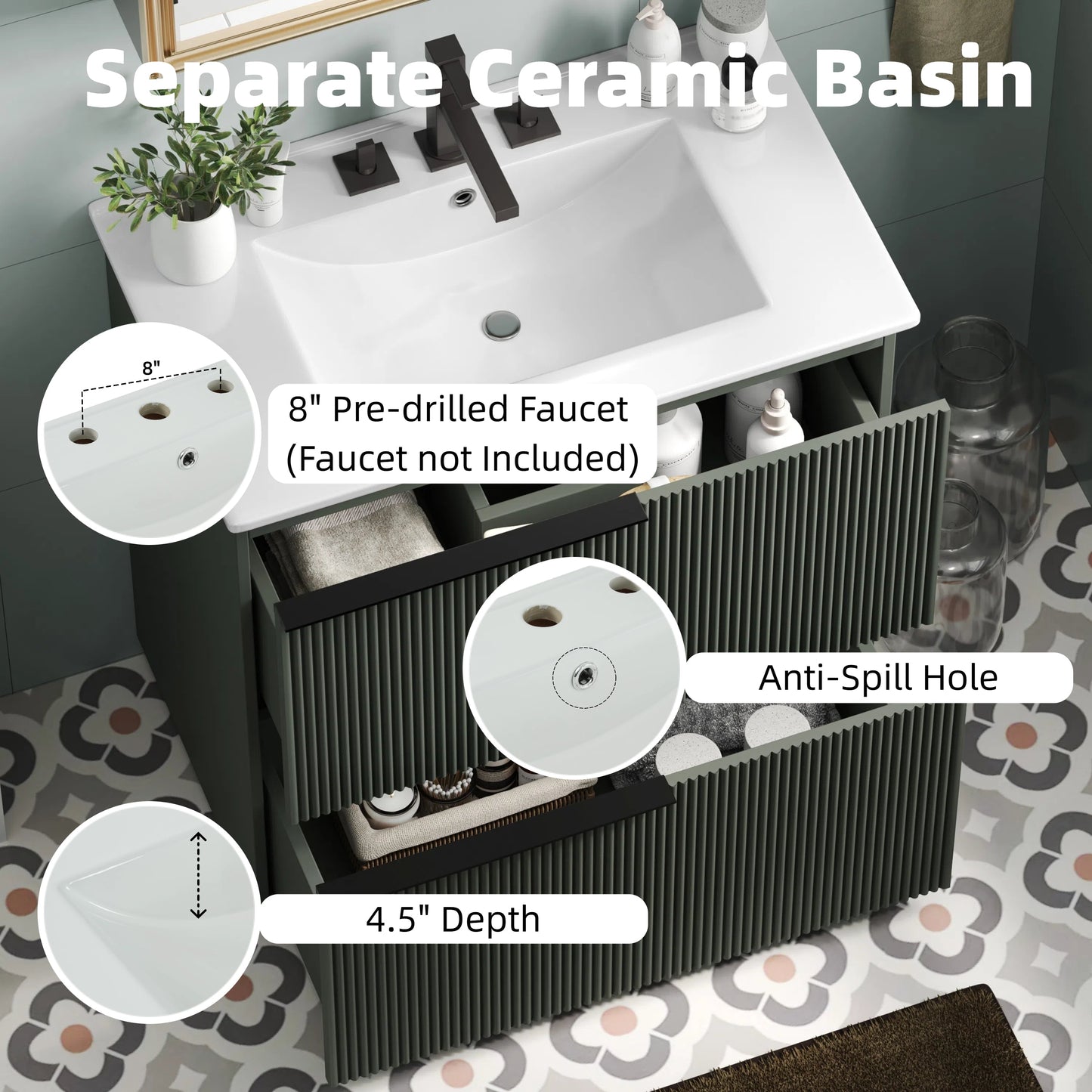 30" Bathroom Vanity with Ceramic Sink and Full-Extension Drawers