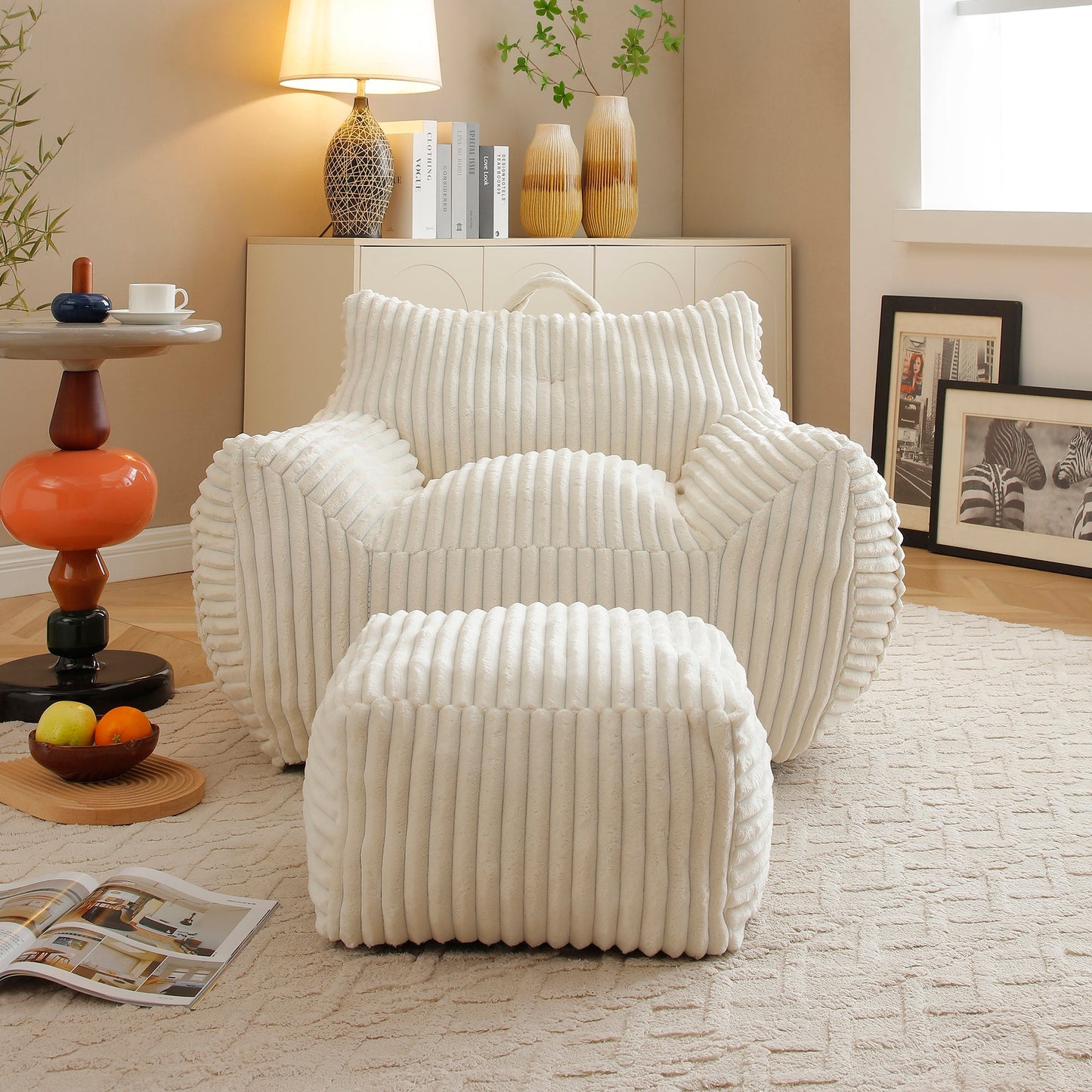 Giant Plush Bean Bag Chair for Adults with Armrests and Footstool