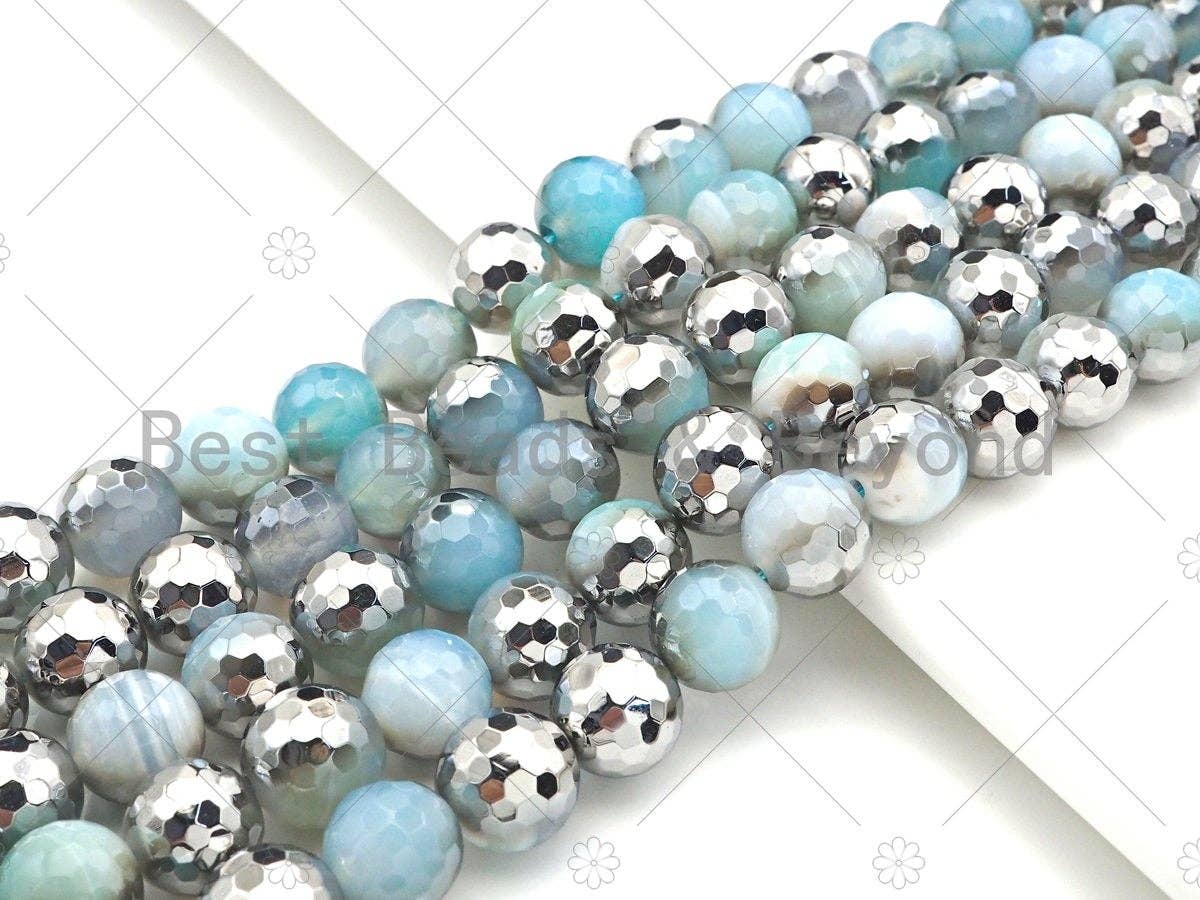 Natural Half Silver Opal Blue Agate Beads, 8mm/10mm/12mm Round Faceted Light Blue Agate Beads, 15.5 Full Strand, sku# UA126