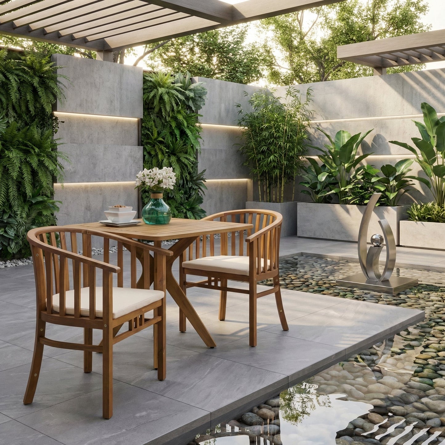 Outdoor Wooden Dining Chairs With Cushions, Set of 2