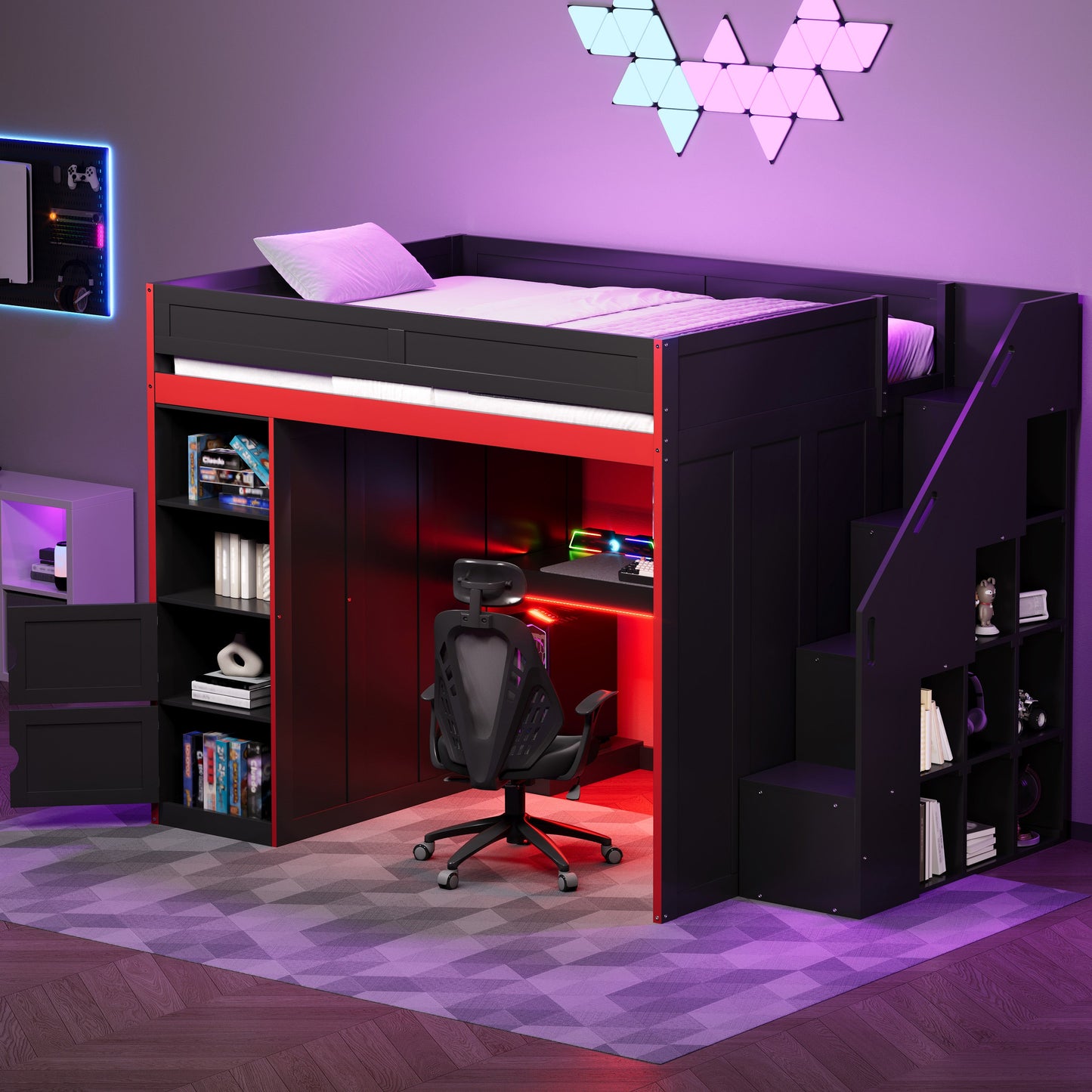 Gaming Loft Bed with Desk and Storage, LED Lights, Full
