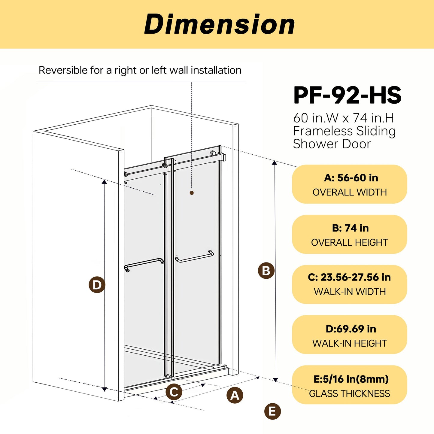 Frameless Double Sliding Shower Door 56-60" W x 74" H