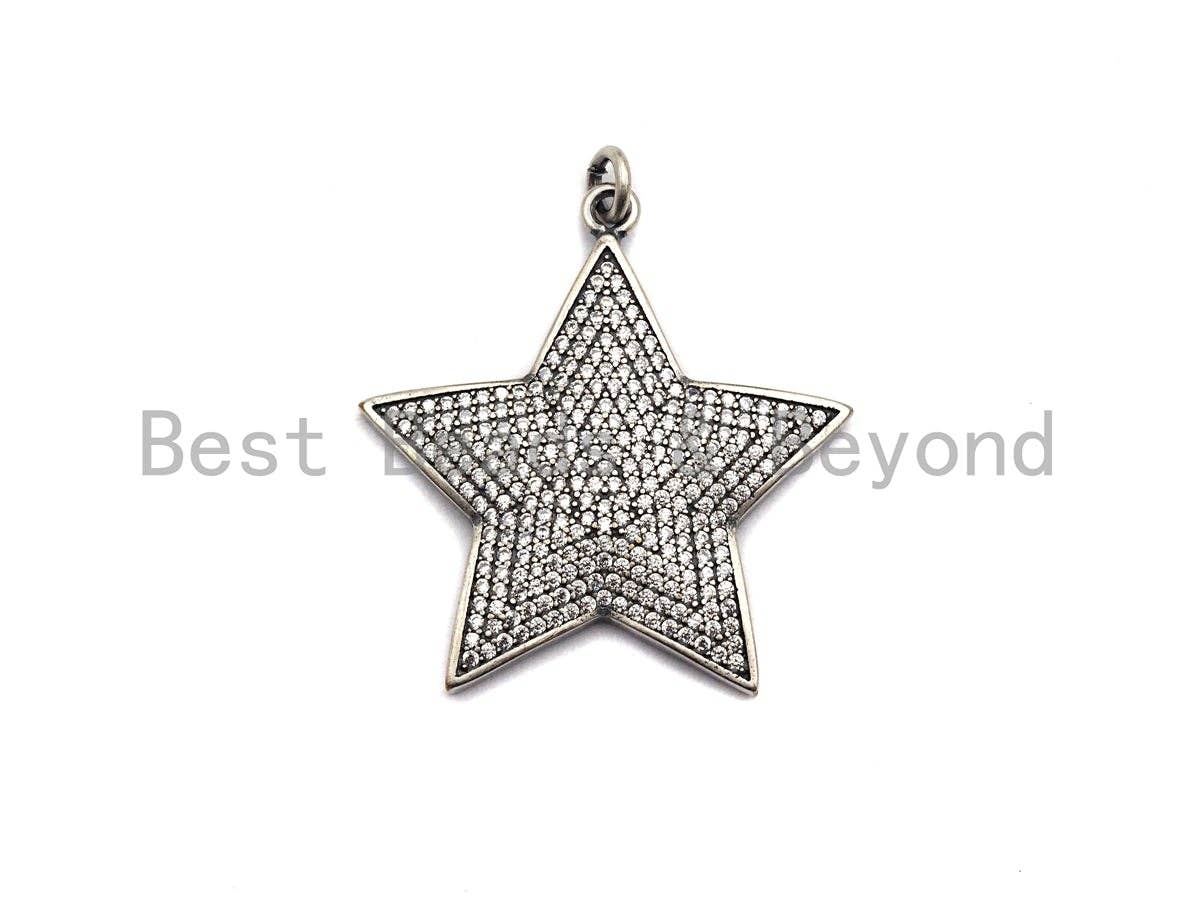 Rhidium CZ Micro Pave Five Star Pendant/Charm, Antique Silver Star Cubic Zirconia Pendant Charm, 31x32mm,sku#X120
