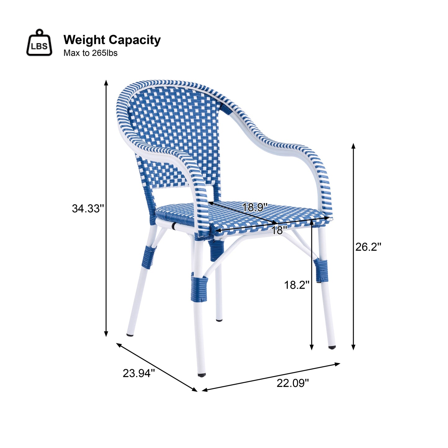 Outdoor Bistro Chairs Set of 2, White and Blue