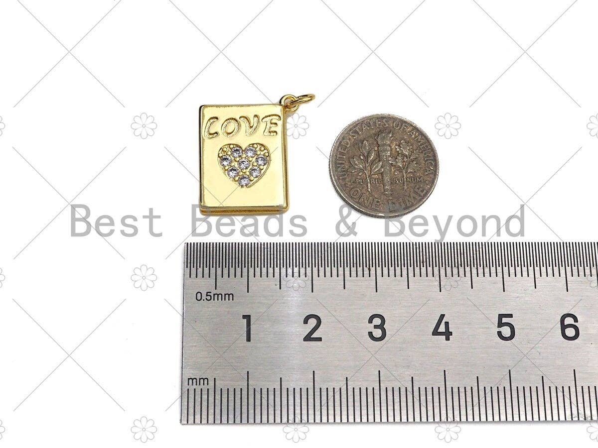 CZ Micro Pave Love Heart On Rectangle Shape Pendant/Charm,18K Dainty Gold Medallion Charm, Necklace Bracelet Charm,17x20mm, Sku#LK254