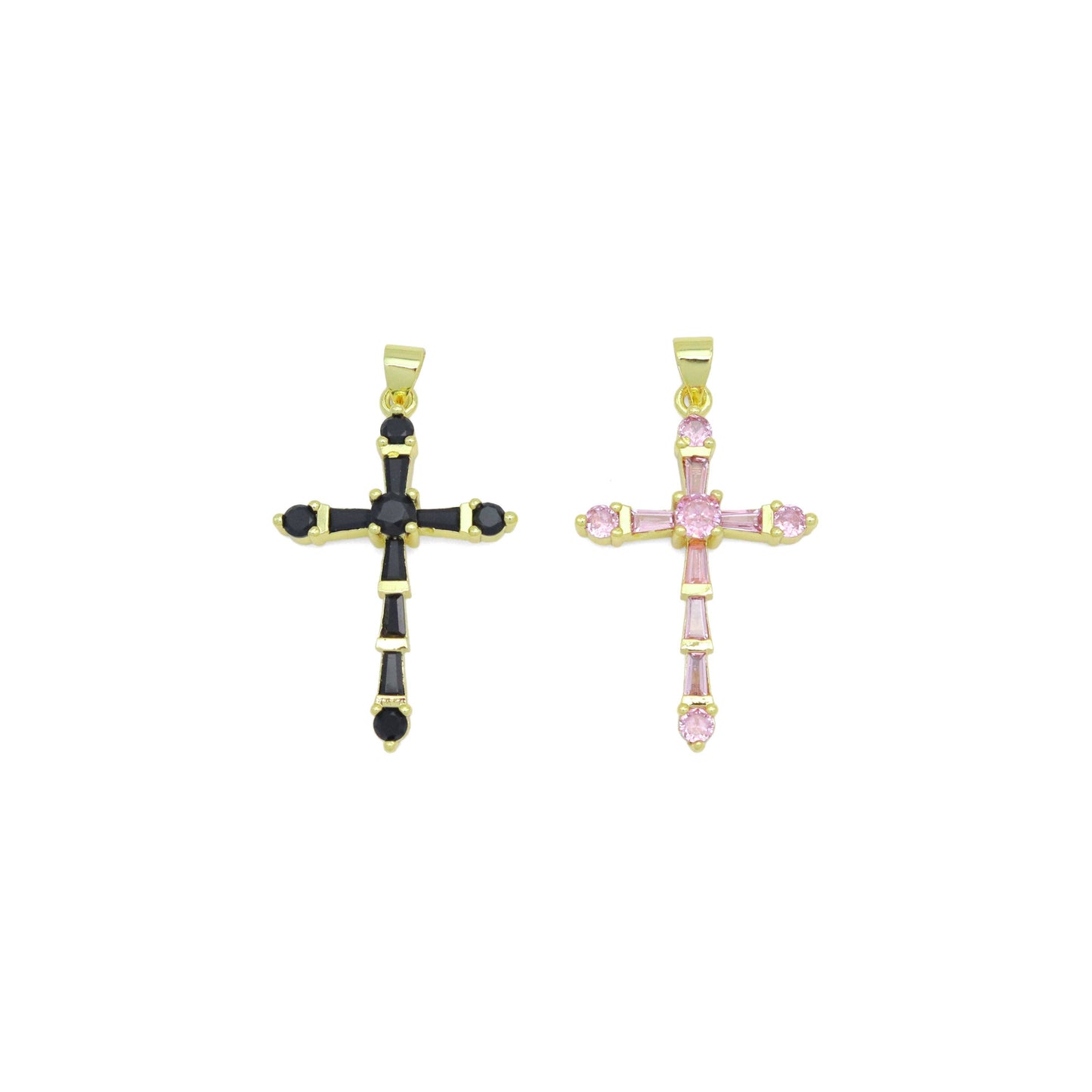 Pink Black Baguette CZ Cross Shape Charm Pendant, Sku#LK1049