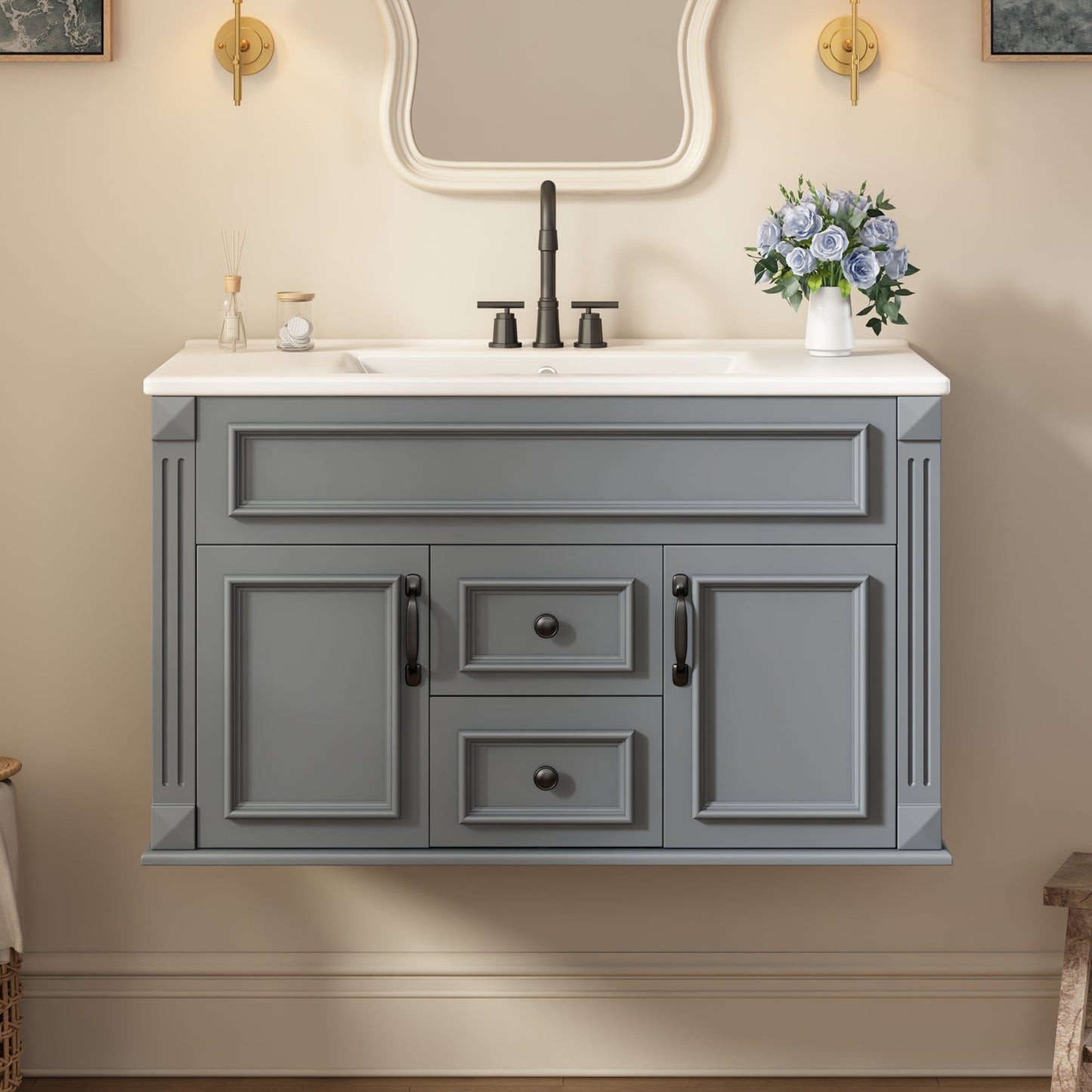 36 Inch Wall Mounted Bathroom Cabinet with Ceramic Sink