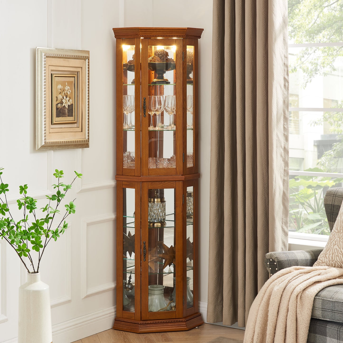 Corner Curio Cabinet with Lights, Adjustable Tempered Glass Shelves, Mirrored Back
