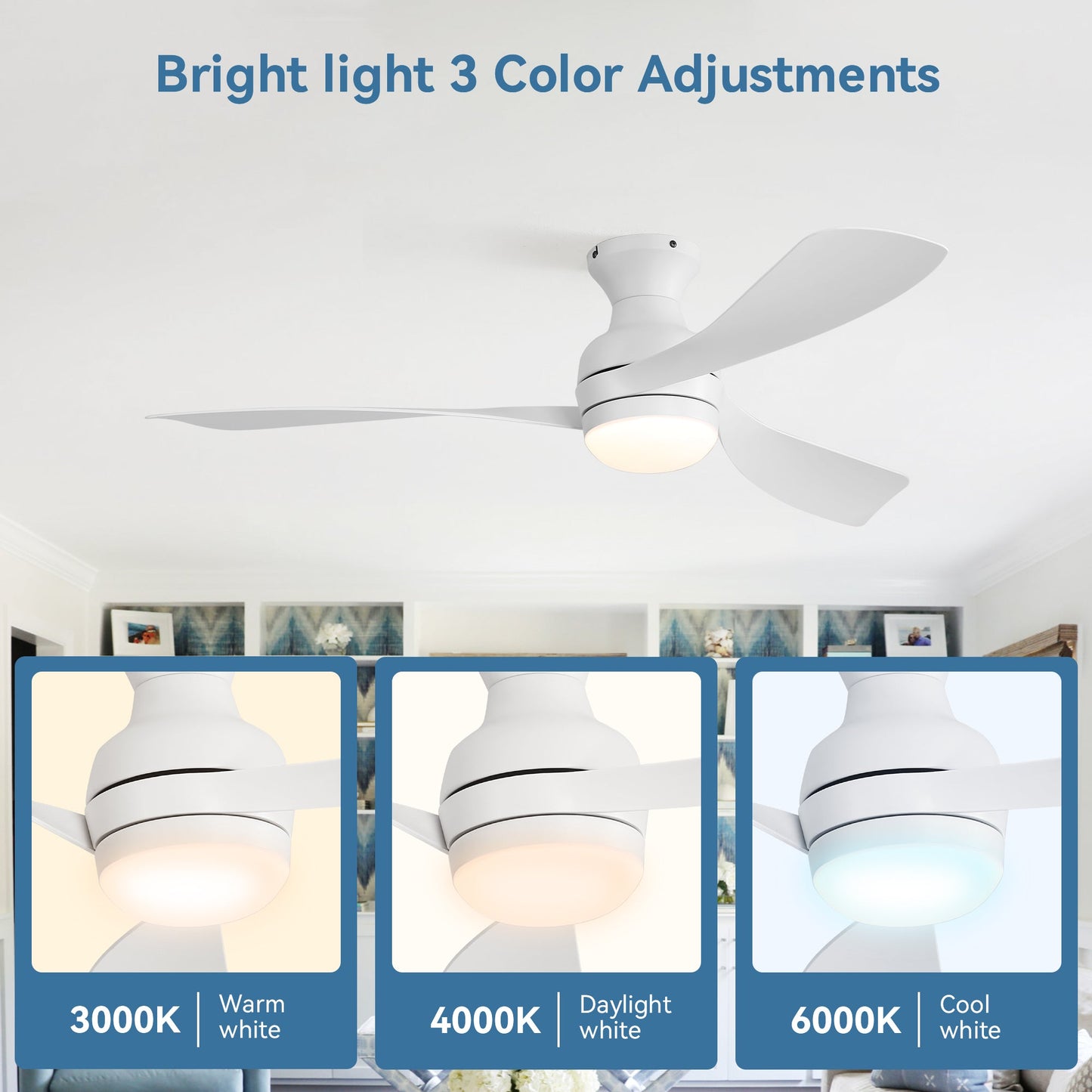 52" Low Profile Ceiling Fan with Lights, Quiet Reversible DC Motor